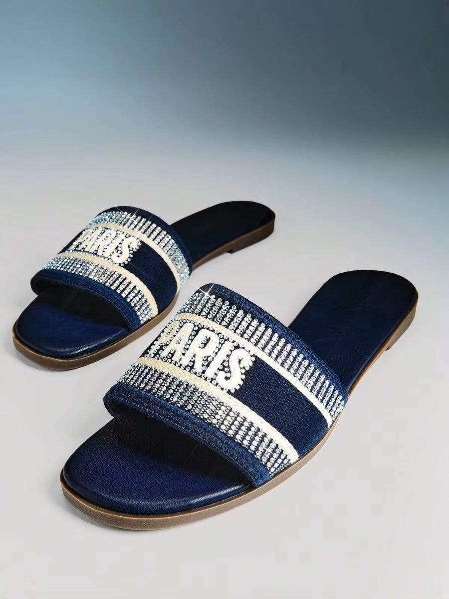 Denimoi Women's Rhinestone PARIS Embroidered Open Toe Flat Navy Slides – Luxury, Chic & Comfortable Essential Summer Shoes Spring Shoes Spring Break Easter Vacation Shoes Casual Shoes Beach Shoes Mother's Day Present For Christmas Valentine's Day